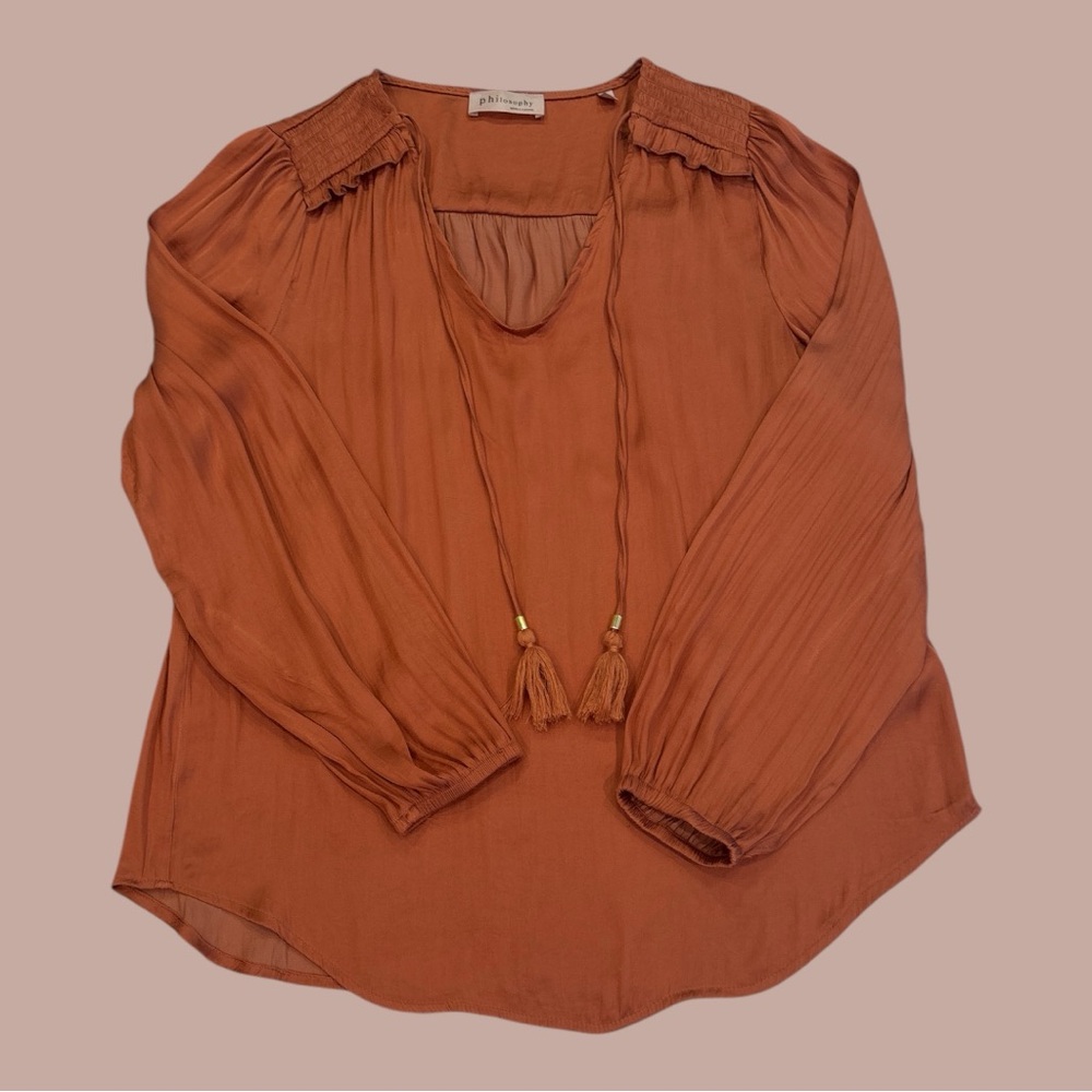 Philosophy Orange Blouse with Puff Sleeves and Tie Front